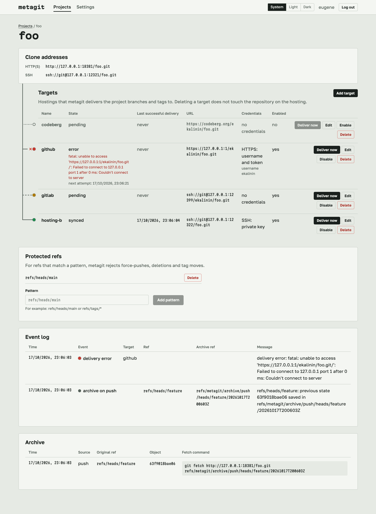Project page of the web console: clone addresses at the top, a line runs from them to four targets. codeberg is disabled, github has an error with its text and the next retry time, gitlab is pending, hosting-b is synced.
